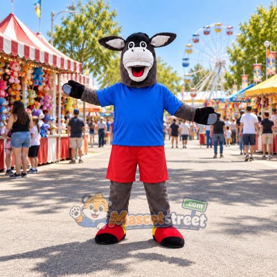 Gray Donkey Mascot Costume with Blue Shirt and Red Shorts Gray Donkey Mascot Costume with Blue Shirt and Red Shorts