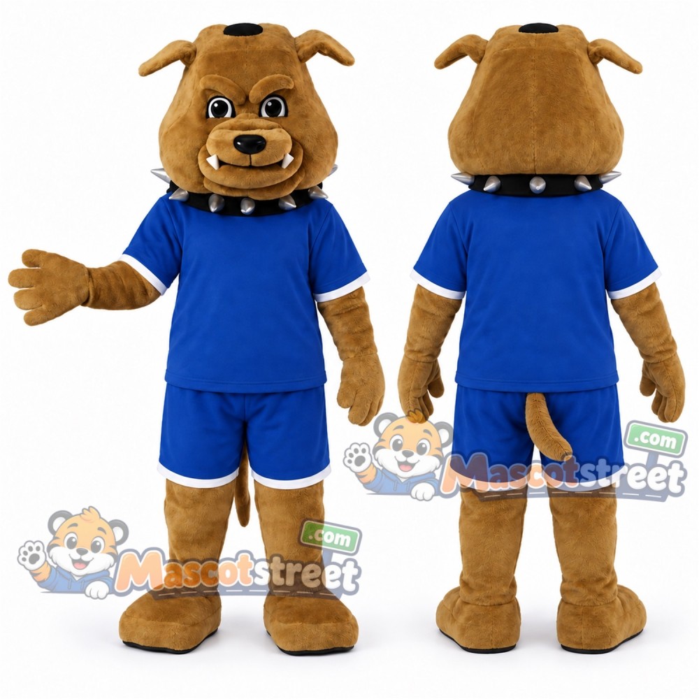 Brown Bulldog Mascot Costume with Blue Shirt and Shorts Brown Bulldog Mascot Costume with Blue Shirt and Shorts