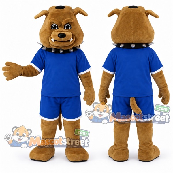 Brown Bulldog Mascot Costume with Blue Shirt and Shorts