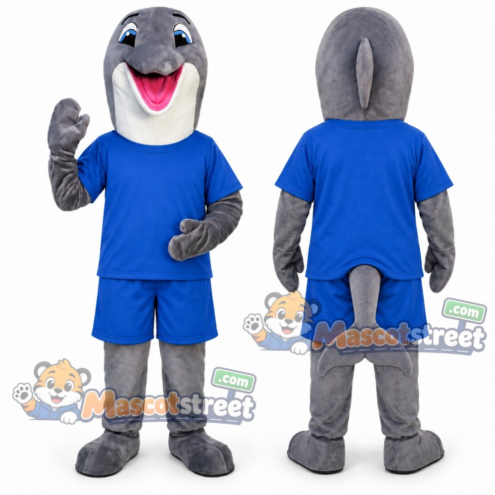 Gray Dolphin Mascot Costume with Blue Shirt and Shorts Gray Dolphin Mascot Costume with Blue Shirt and Shorts