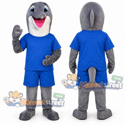 Gray Dolphin Mascot Costume with Blue Shirt and Shorts Gray Dolphin Mascot Costume with Blue Shirt and Shorts