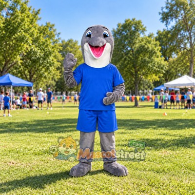 Gray Dolphin Mascot Costume with Blue Shirt and Shorts Gray Dolphin Mascot Costume with Blue Shirt and Shorts
