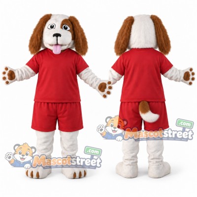 Brown and White Dog Mascot Costume with Red Shirt and Shorts