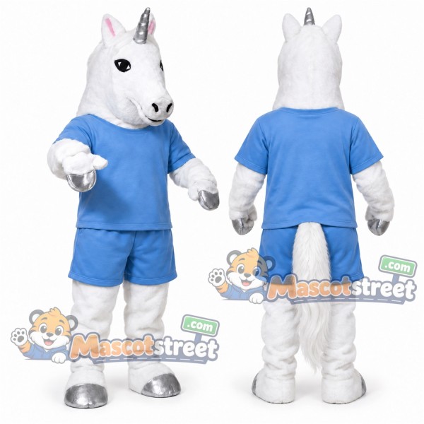 White Unicorn Mascot Costume with Light Blue Shirt and Shorts