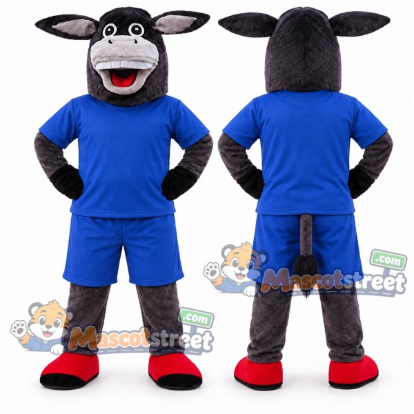 Gray Donkey Mascot Costume with Blue Shirt and Shorts