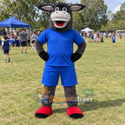 Gray Donkey Mascot Costume with Blue Shirt and Shorts Gray Donkey Mascot Costume with Blue Shirt and Shorts