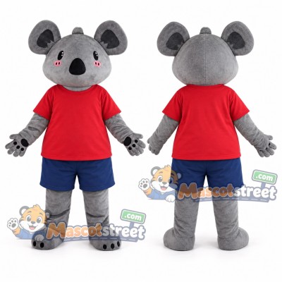 Gray Koala Mascot Costume with Red Shirt and Navy Shorts