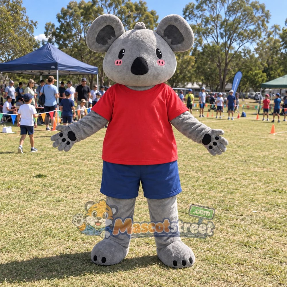 Gray Koala Mascot Costume with Red Shirt and Navy Shorts