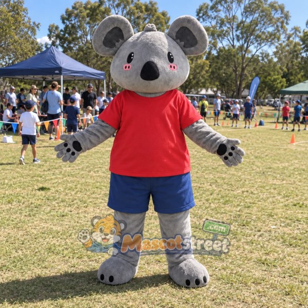 Gray Koala Mascot Costume with Red Shirt and Navy Shorts