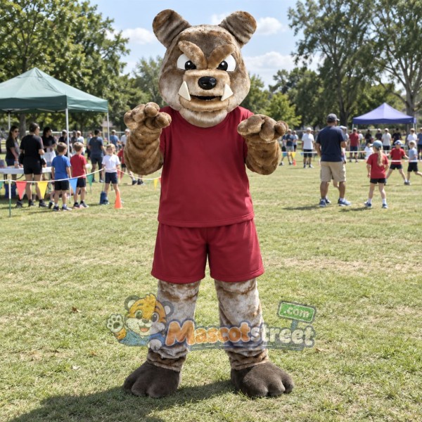 Gray Bulldog Mascot Costume with Burgundy Shirt and Shorts