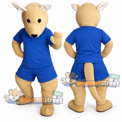 Tan Kangaroo Mascot Costume with Blue Shirt and Shorts