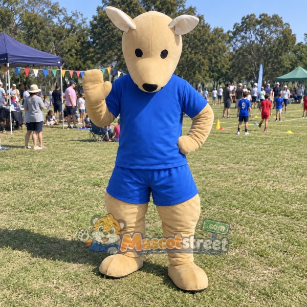 Tan Kangaroo Mascot Costume with Blue Shirt and Shorts