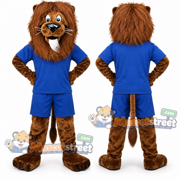 Brown Lion Mascot Costume with Blue Shirt and Shorts
