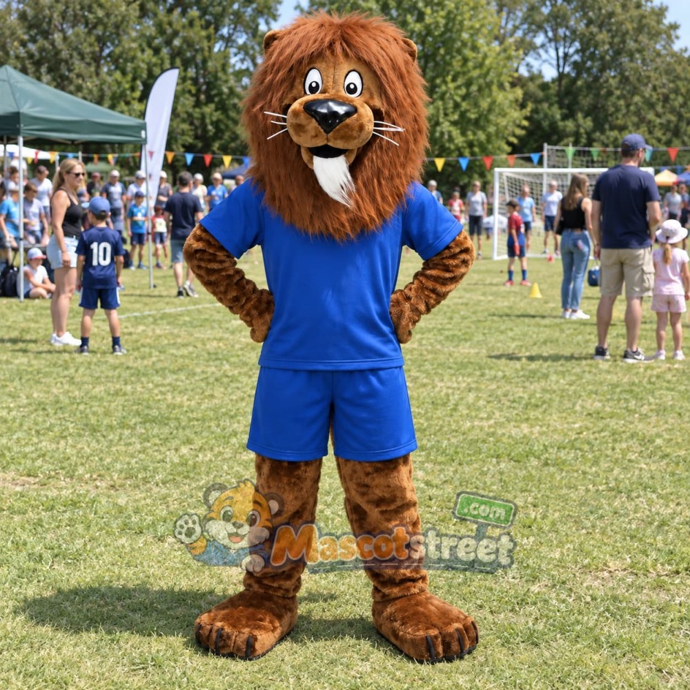 Brown Lion Mascot Costume with Blue Shirt and Shorts