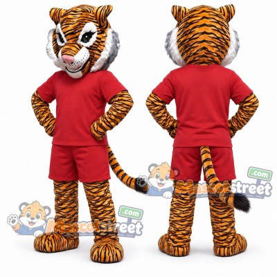 Orange Tiger Mascot Costume with Red Shirt and Shorts