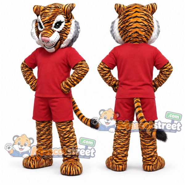 Orange Tiger Mascot Costume with Red Shirt and Shorts