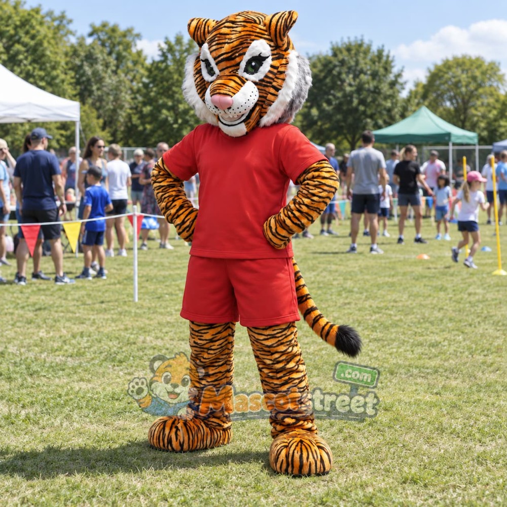 Orange Tiger Mascot Costume with Red Shirt and Shorts