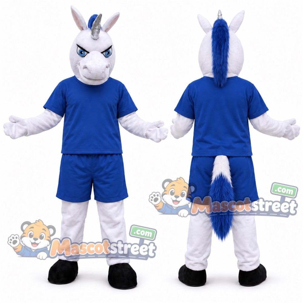 White Unicorn Mascot Costume with Blue Shirt and Shorts White Unicorn Mascot Costume with Blue Shirt and Shorts