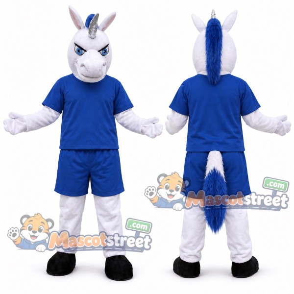 White Unicorn Mascot Costume with Blue Shirt and Shorts