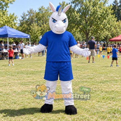 White Unicorn Mascot Costume with Blue Shirt and Shorts White Unicorn Mascot Costume with Blue Shirt and Shorts