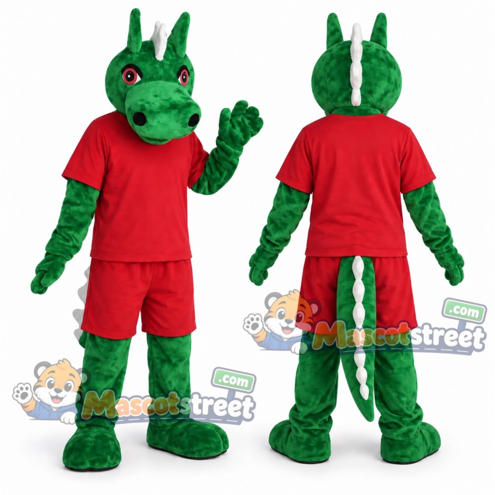 Green Dragon Mascot Costume with Red Shirt and Shorts