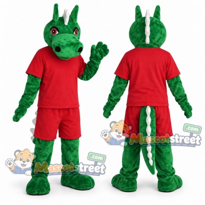 Green Dragon Mascot Costume with Red Shirt and Shorts