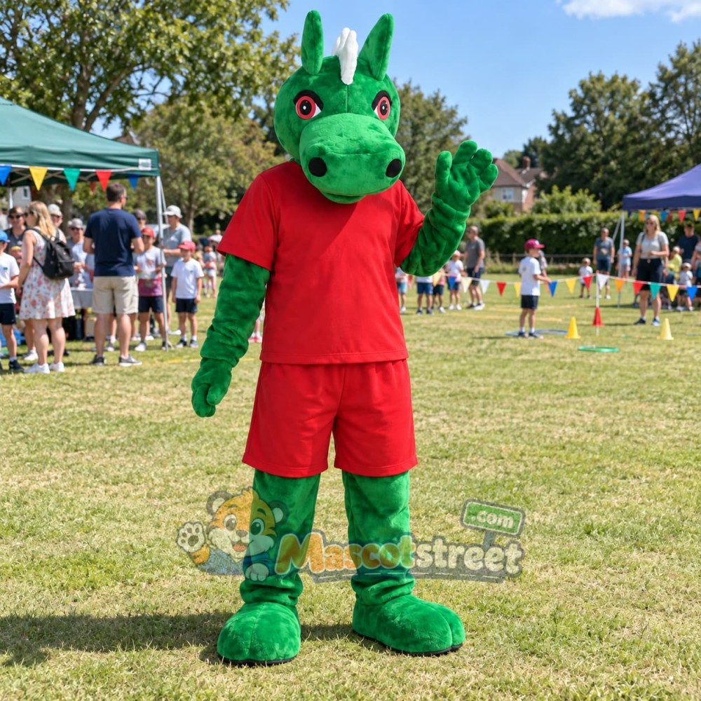 Green Dragon Mascot Costume with Red Shirt and Shorts