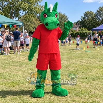 Green Dragon Mascot Costume with Red Shirt and Shorts