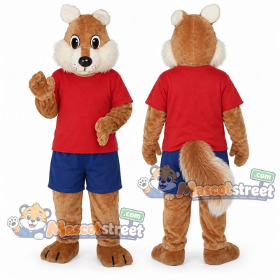 Tan Squirrel Mascot Costume with Red Shirt and Blue Shorts