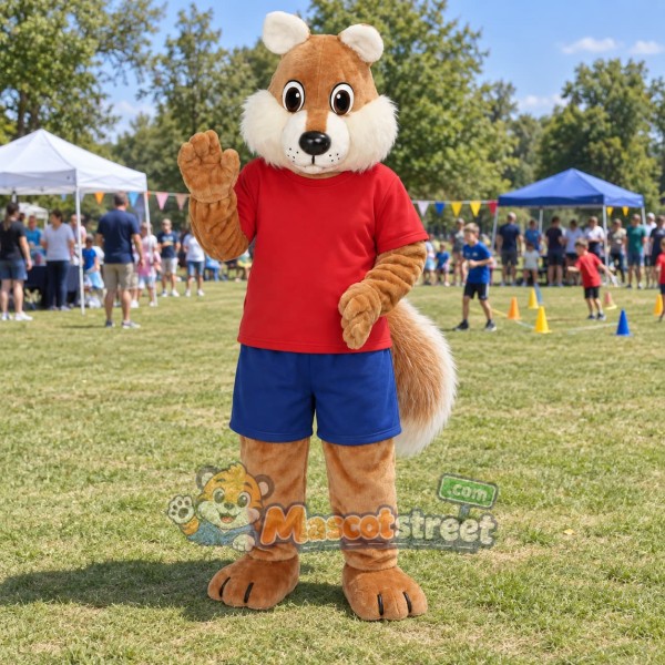 Tan Squirrel Mascot Costume with Red Shirt and Blue Shorts