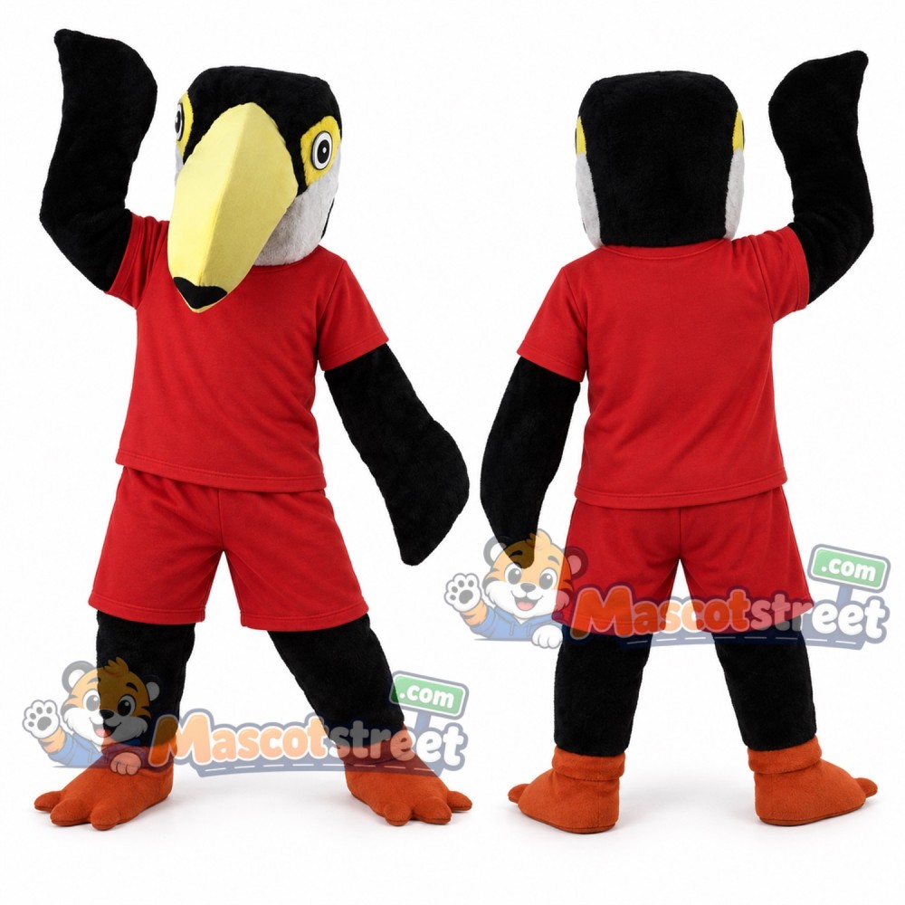 Black and White Bird Mascot Costume with Red Shirt and Shorts