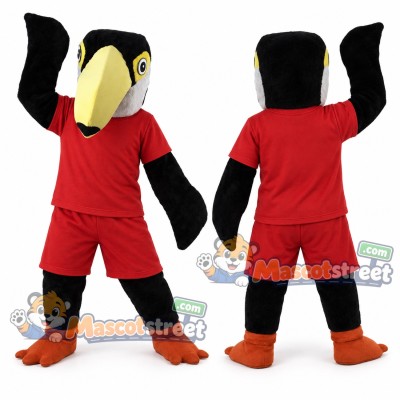 Black and White Bird Mascot Costume with Red Shirt and Shorts