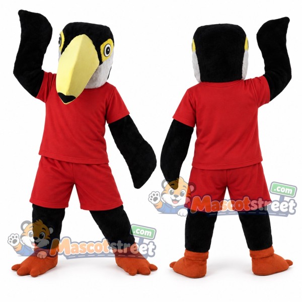 Black and White Bird Mascot Costume with Red Shirt and Shorts