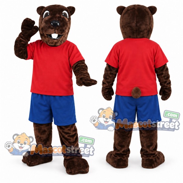 Brown Hamster Mascot Costume with Red Shirt and Blue Shorts