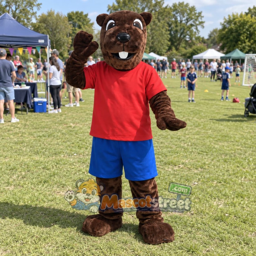 Brown Hamster Mascot Costume with Red Shirt and Blue Shorts