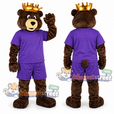 Brown Bear King Mascot Costume with Purple Shirt, Purple Shorts and Crown