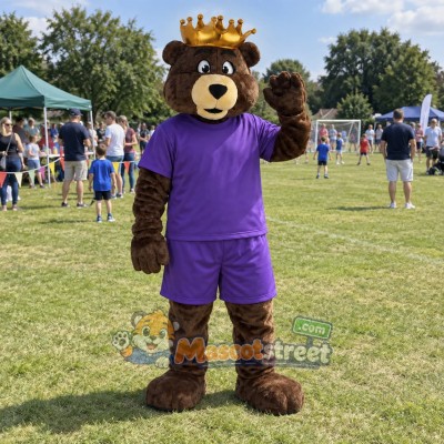 Brown Bear King Mascot Costume with Purple Shirt, Purple Shorts and Crown