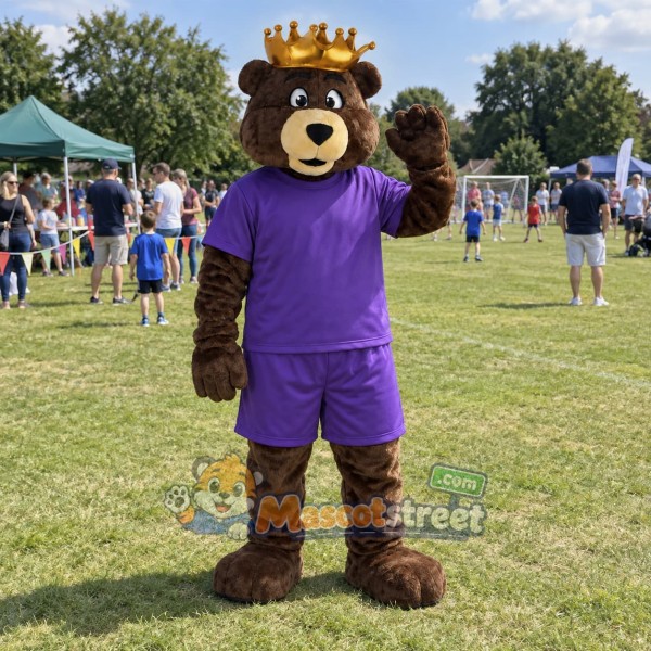 Brown Bear King Mascot Costume with Purple Shirt, Purple Shorts and Crown