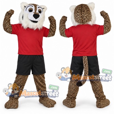 Spotted Leopard Mascot Costume with Red Shirt and Black Shorts Spotted Leopard Mascot Costume with Red Shirt and Black Shorts