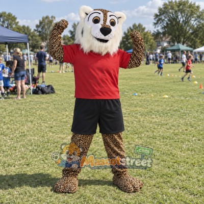 Spotted Leopard Mascot Costume with Red Shirt and Black Shorts Spotted Leopard Mascot Costume with Red Shirt and Black Shorts