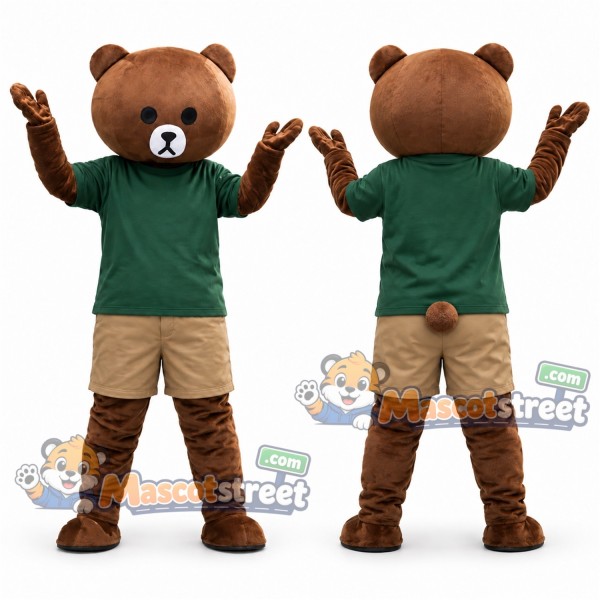 Brown Bear Mascot Costume with Green Shirt and Beige Shorts