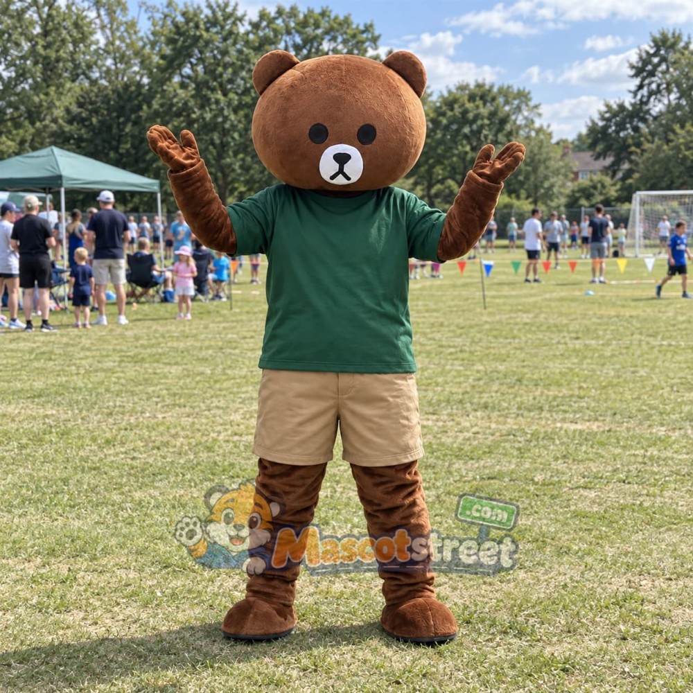 Brown Bear Mascot Costume with Green Shirt and Beige Shorts Brown Bear Mascot Costume with Green Shirt and Beige Shorts