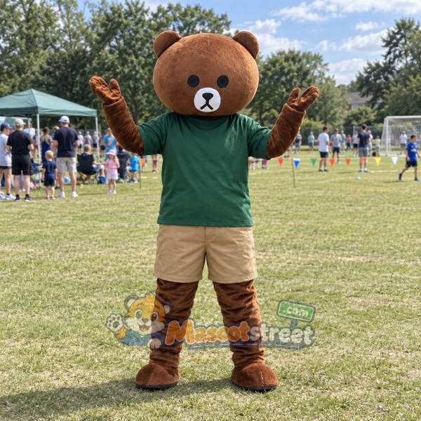 Brown Bear Mascot Costume with Green Shirt and Beige Shorts