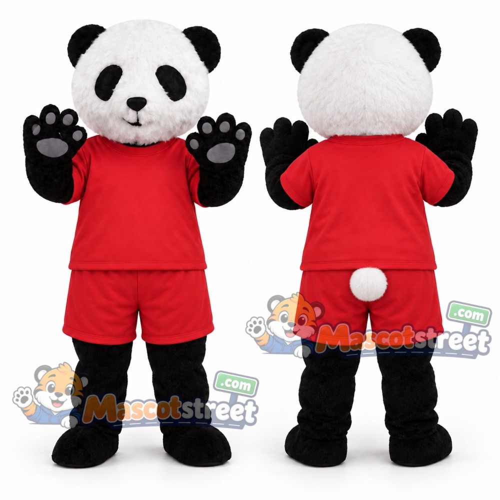 Panda Mascot Costume with Red Shirt and Shorts
