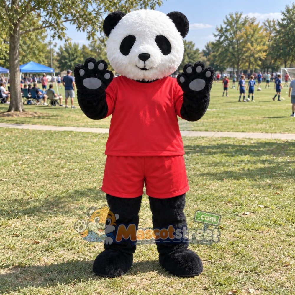 Panda Mascot Costume with Red Shirt and Shorts