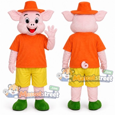Pink Pig Mascot Costume with Orange Shirt, Yellow Shorts and Orange Hat
