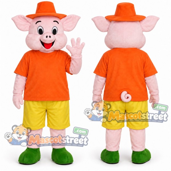 Pink Pig Mascot Costume with Orange Shirt, Yellow Shorts and Orange Hat