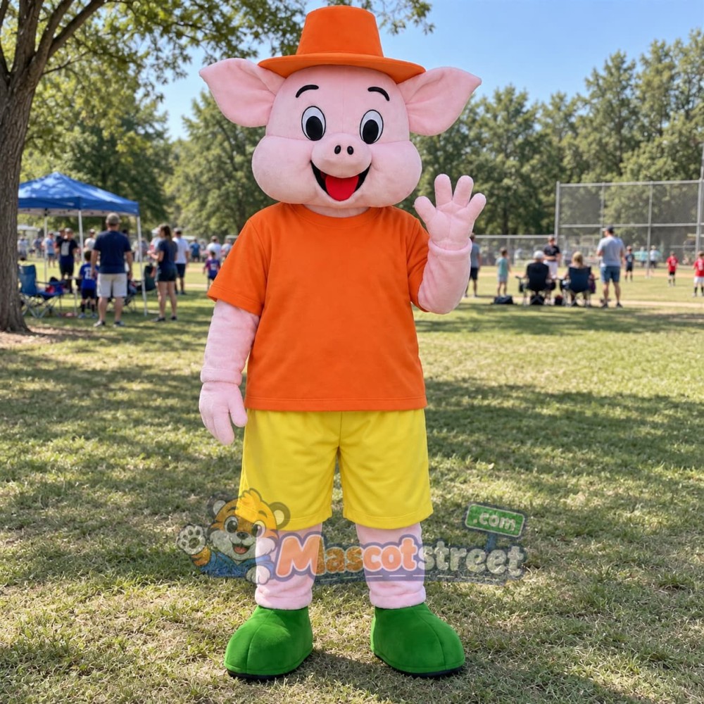 Pink Pig Mascot Costume with Orange Shirt, Yellow Shorts and Orange Hat