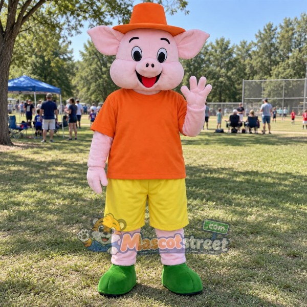 Pink Pig Mascot Costume with Orange Shirt, Yellow Shorts and Orange Hat