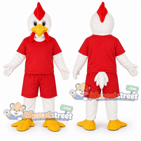 White Chicken Mascot Costume with Red Shirt and Shorts